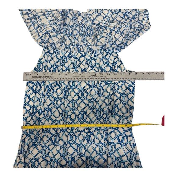 Chicos Off The Shoulder Maxi Dress Blue White Geometric Print Elastic Waist Sz 8 - Picture 7 of 8